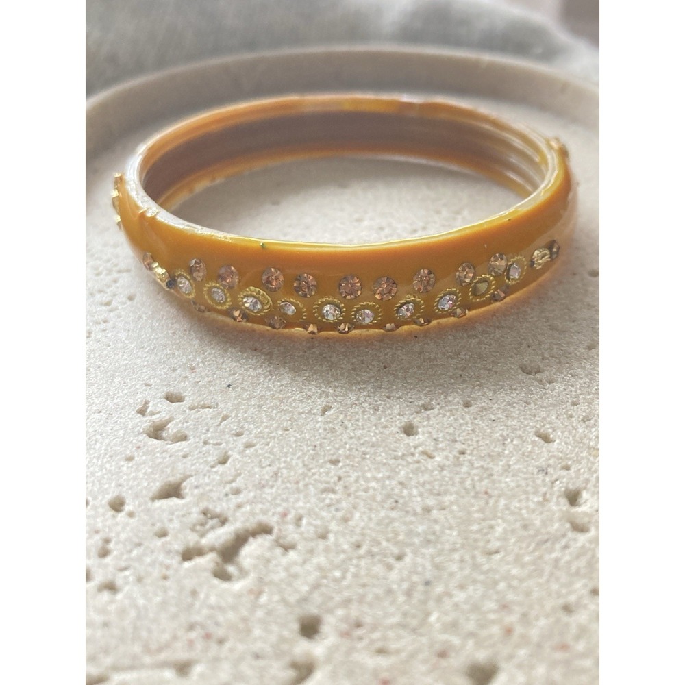 Mustard Yellow Resin Bangle Bracelet Rhinestone Accent Made Of Plastic Boho